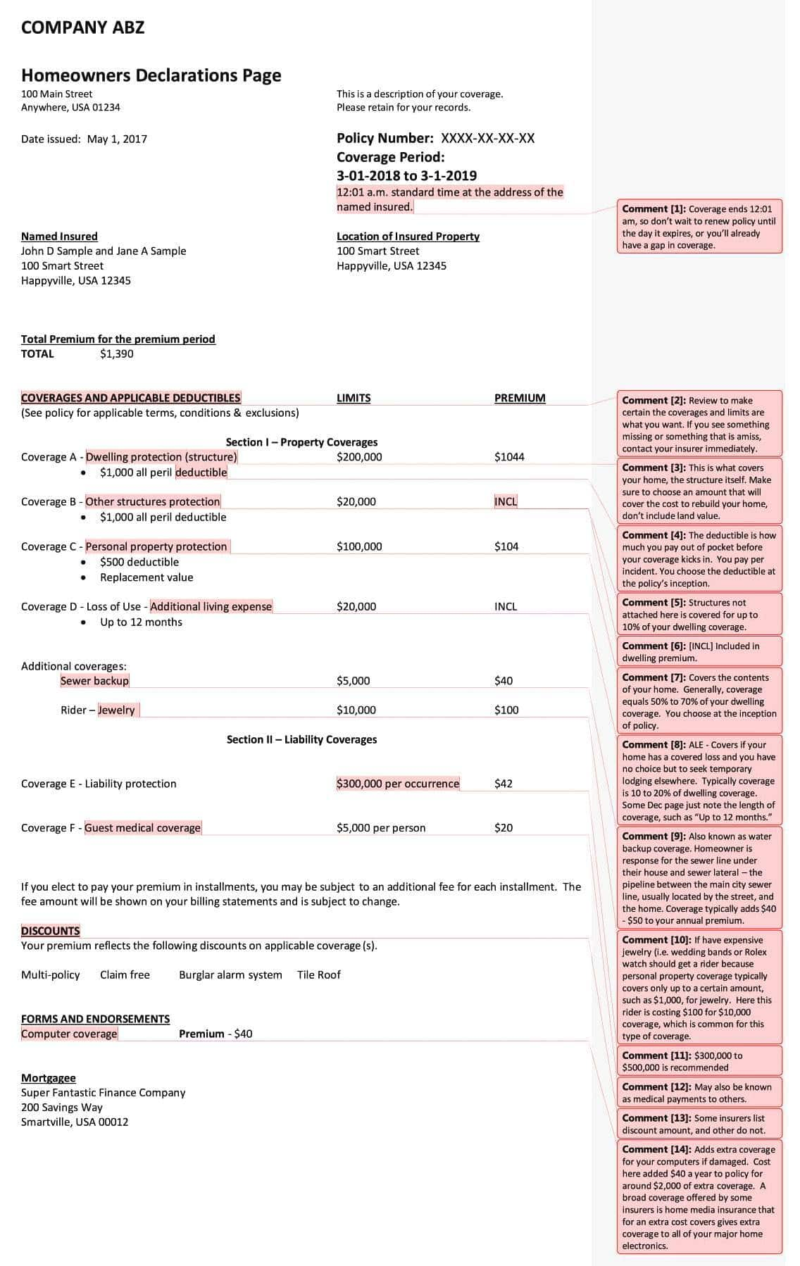 Sample declaration page